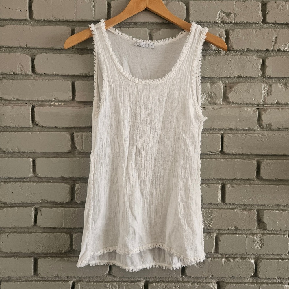 Ridley White Gauze Frayed Trim Tank Top XXS Scoop Neck‎ Boho Lagenlook Coastal